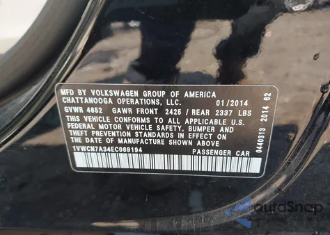 2014 Volkswagen Passat 2.0L Tdi Sel Premium из США, поврежденный, VIN 1VWCN7A34EC069194